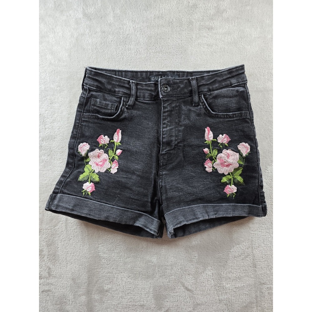 Guess Shorts Womens Size 26 Black Denim 3" Inseam Fit 24x3 Embroidered Floral
